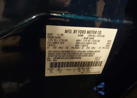 2020 Ford Edge Sel из США, поврежденный, VIN 2FMPK3J93LBB49802